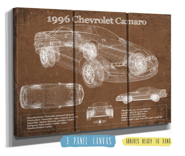 36" x 24" / 3 Panel Canvas Wrap Cutler West 1996 Chevrolet Camaro Vintage Blueprint Auto Print
