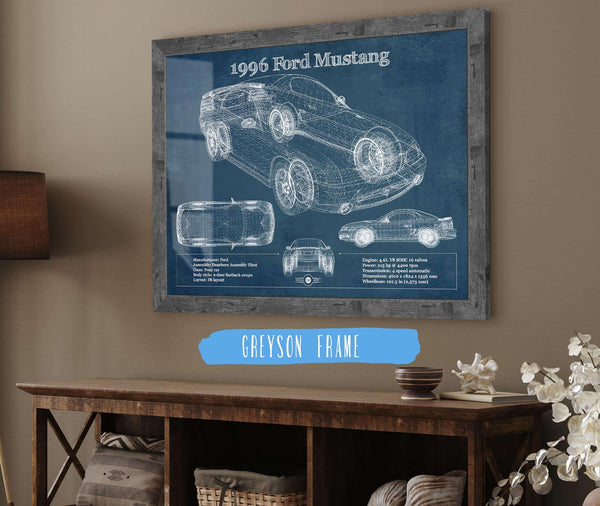 14" x 11" / Greyson Frame Cutler West 1996 Ford Mustang Coupe Vintage Blueprint Auto Print