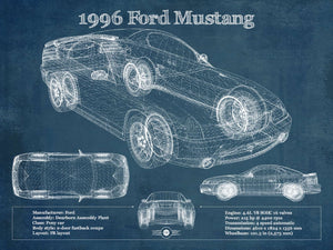 14" x 11" / Unframed Cutler West 1996 Ford Mustang Coupe Vintage Blueprint Auto Print