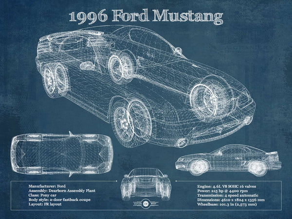 14" x 11" / Unframed Cutler West 1996 Ford Mustang Coupe Vintage Blueprint Auto Print
