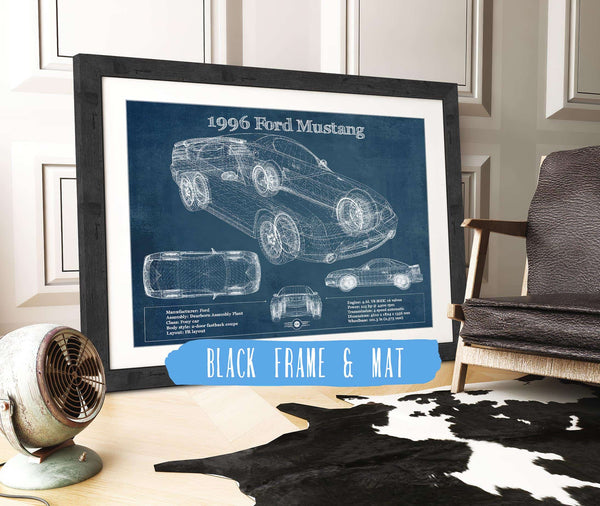 20" x 16" / Black Frame & Mat Cutler West 1996 Ford Mustang Coupe Vintage Blueprint Auto Print