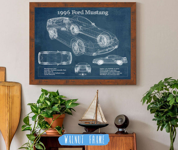 20" x 16" / Walnut Frame Cutler West 1996 Ford Mustang Coupe Vintage Blueprint Auto Print