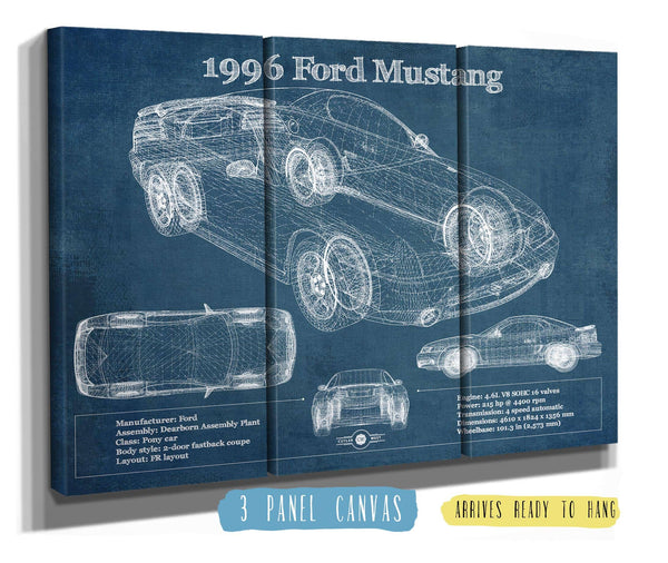 36" x 24" / 3 Panel Canvas Wrap Cutler West 1996 Ford Mustang Coupe Vintage Blueprint Auto Print