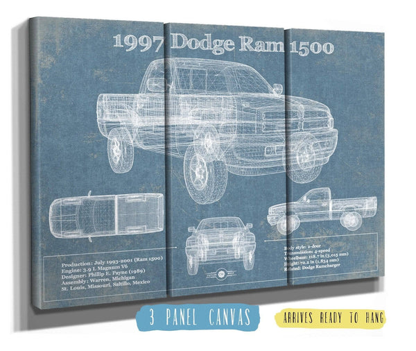 36" x 24" / 3 Panel Canvas Wrap Cutler West 1997 Dodge Ram 1500 Vintage Blueprint Auto Print