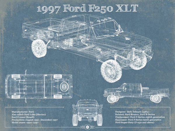 14" x 11" / Unframed Cutler West 1997 Ford F250 XLT Crew Cab Vintage Blueprint Auto Print