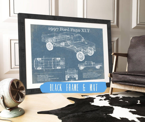 20" x 16" / Black Frame & Mat Cutler West 1997 Ford F250 XLT Crew Cab Vintage Blueprint Auto Print