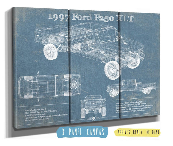 36" x 24" / 3 Panel Canvas Wrap Cutler West 1997 Ford F250 XLT Crew Cab Vintage Blueprint Auto Print