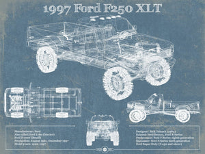 14" x 11" / Unframed Cutler West 1997 Ford F250 XLT Vintage Blueprint Auto Print