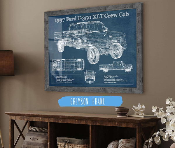 14" x 11" / Greyson Frame & Mat Cutler West 1997 Ford F350 XLT Crew Cab Vintage Blueprint Auto Print