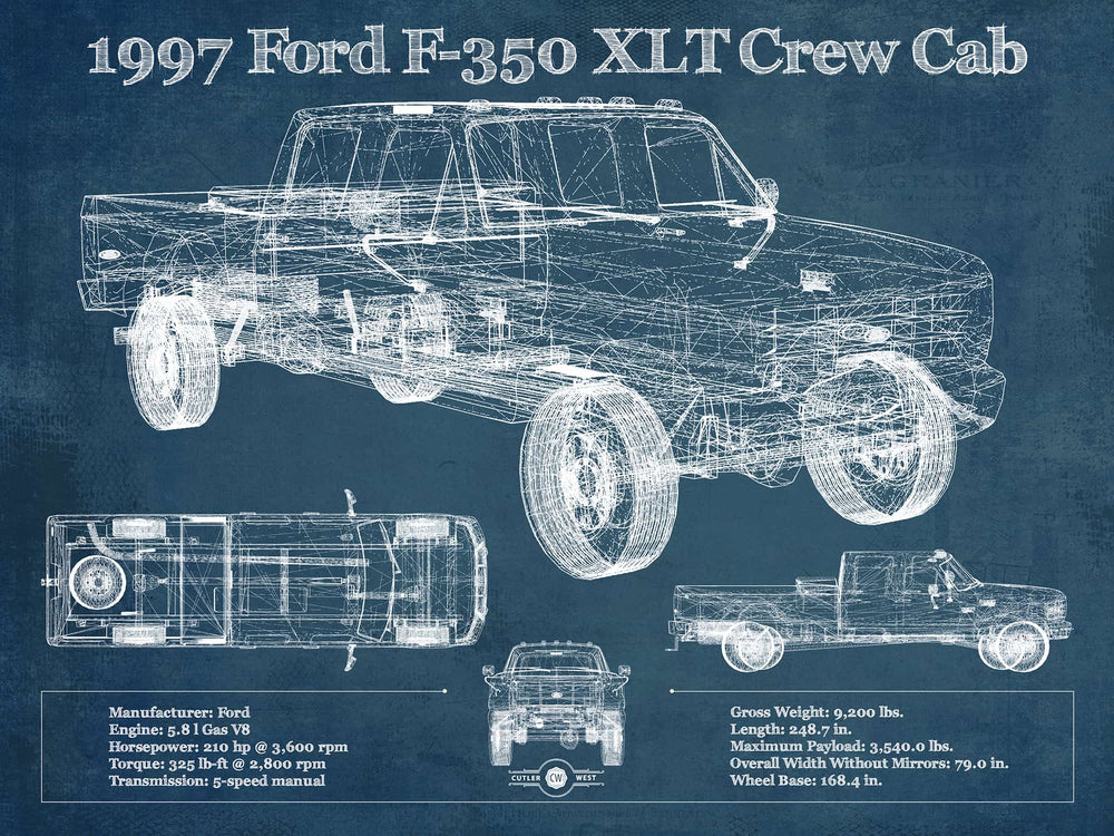 14" x 11" / Stretched Canvas Wrap Cutler West 1997 Ford F350 XLT Crew Cab Vintage Blueprint Auto Print