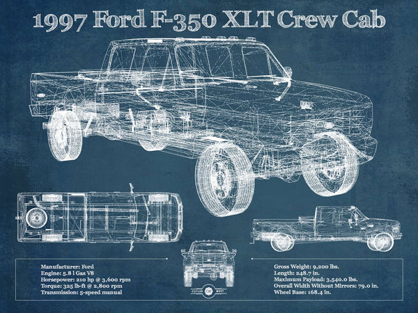14" x 11" / Unframed Cutler West 1997 Ford F350 XLT Crew Cab Vintage Blueprint Auto Print