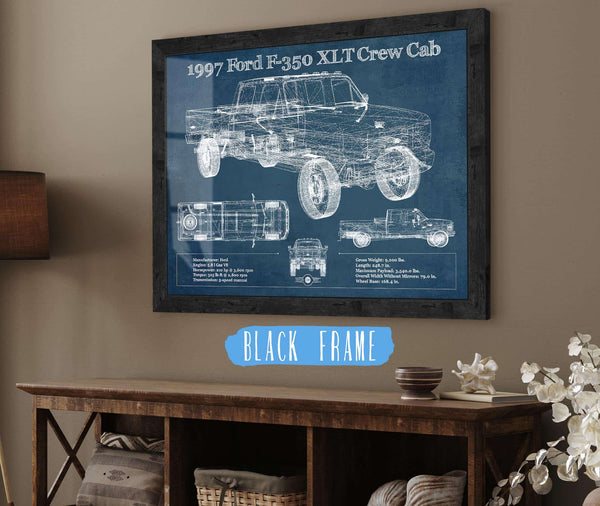 20" x 16" / Black Frame Cutler West 1997 Ford F350 XLT Crew Cab Vintage Blueprint Auto Print