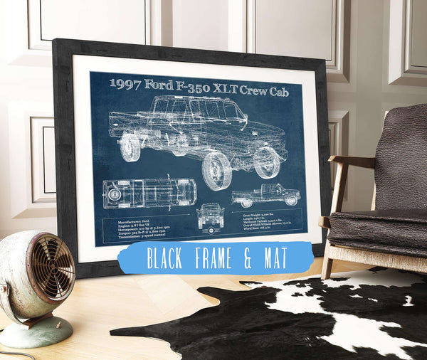 20" x 16" / Black Frame & Mat Cutler West 1997 Ford F350 XLT Crew Cab Vintage Blueprint Auto Print
