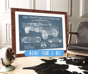 20" x 16" / Walnut Frame & Mat Cutler West 1997 Ford F350 XLT Crew Cab Vintage Blueprint Auto Print