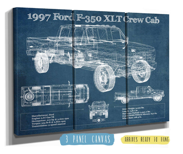36" x 24" / 3 Panel Canvas Wrap Cutler West 1997 Ford F350 XLT Crew Cab Vintage Blueprint Auto Print