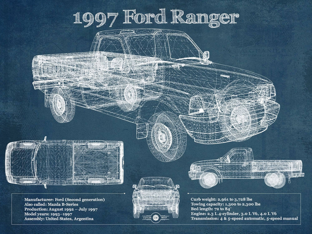 14" x 11" / Stretched Canvas Wrap Cutler West 1997 Ford Ranger Blueprint Vintage Auto Print