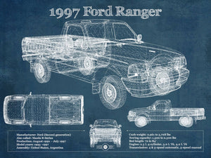 14" x 11" / Unframed Cutler West 1997 Ford Ranger Blueprint Vintage Auto Print