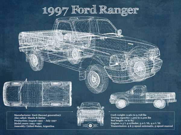 14" x 11" / Unframed Cutler West 1997 Ford Ranger Blueprint Vintage Auto Print