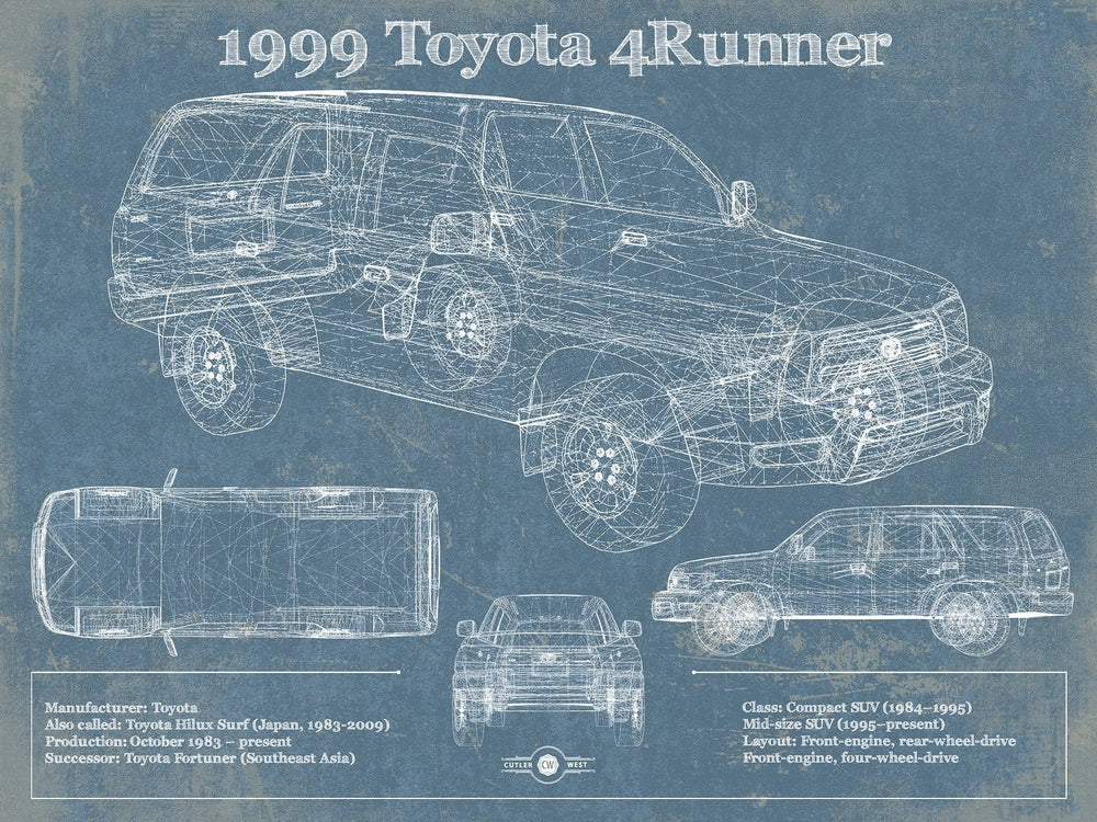 14" x 11" / Stretched Canvas Wrap Cutler West 1999 Toyota 4runner Vintage Blueprint Auto Print