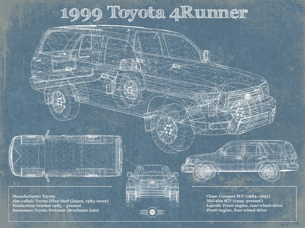 14" x 11" / Unframed Cutler West 1999 Toyota 4runner Vintage Blueprint Auto Print