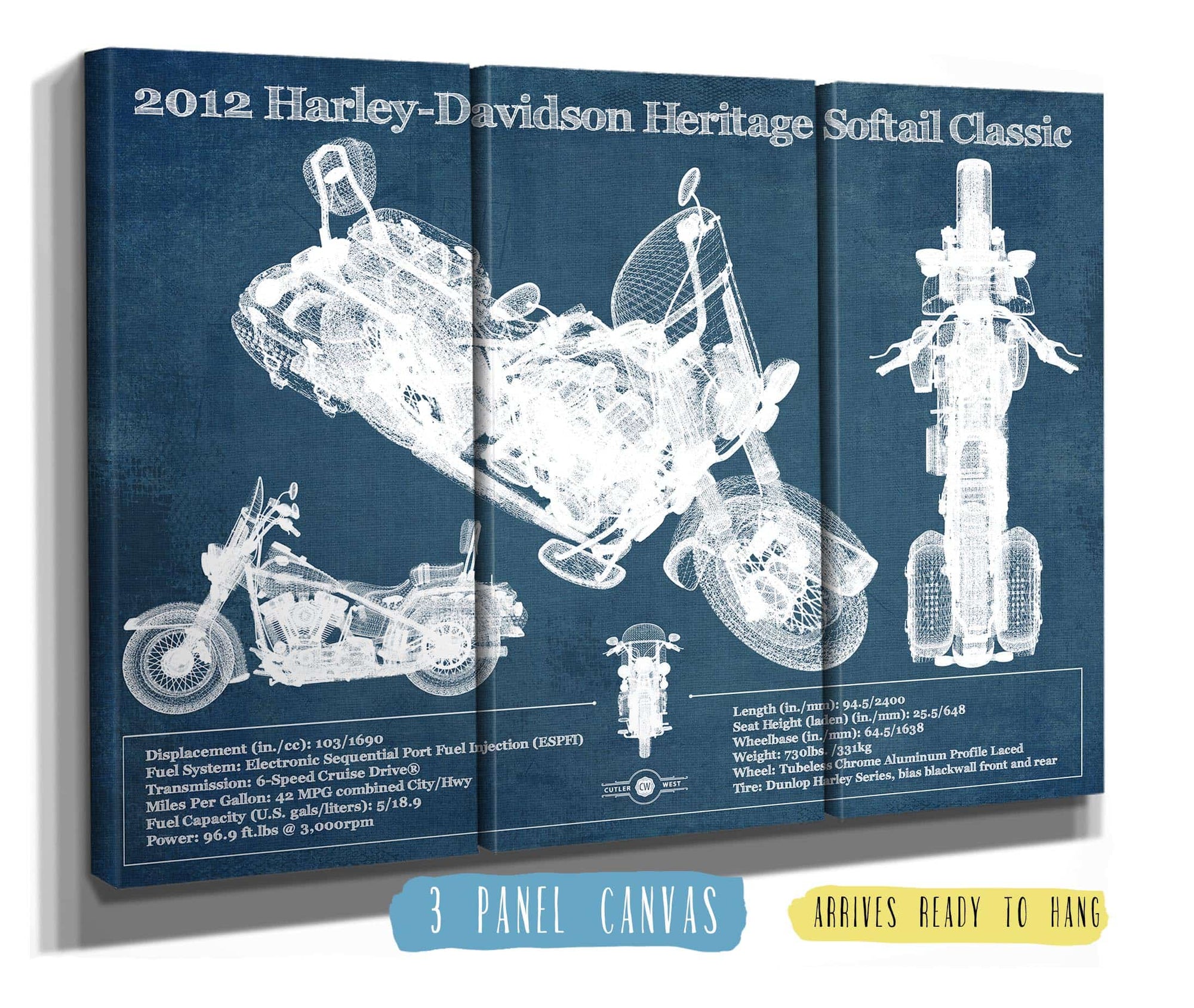 Cutler West Harley Davidson Heritage Softail Classic 2012 Blueprint Vintage Motorcycle Print
