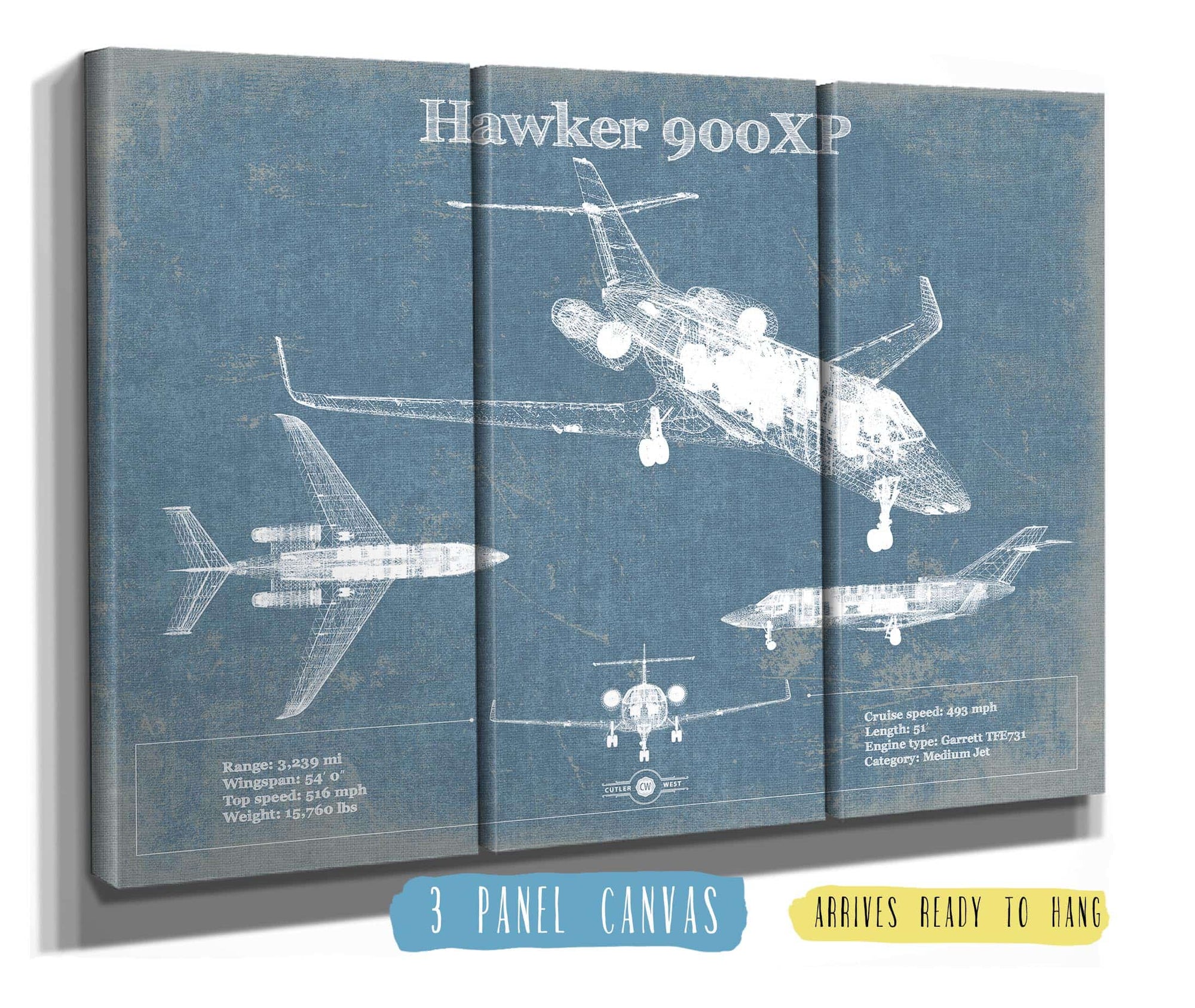 Cutler West Hawker 900XP Vintage Aviation Blueprint Print - Custom Pilot Name Can Be Added