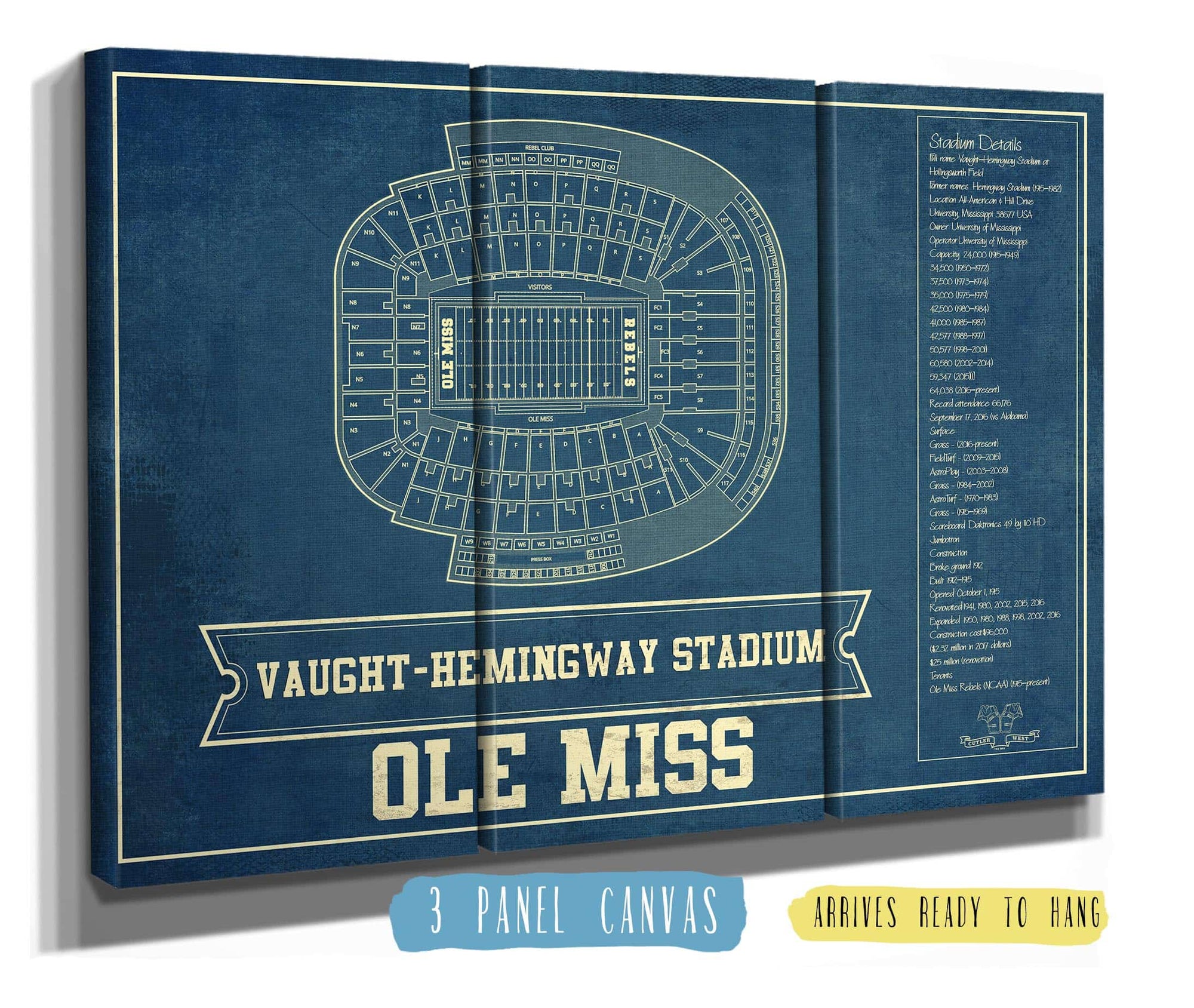 Cutler West Ole Miss Rebels Stadium Art - Vaught-Hemingway Vintage Stadium & Blueprint Art Print