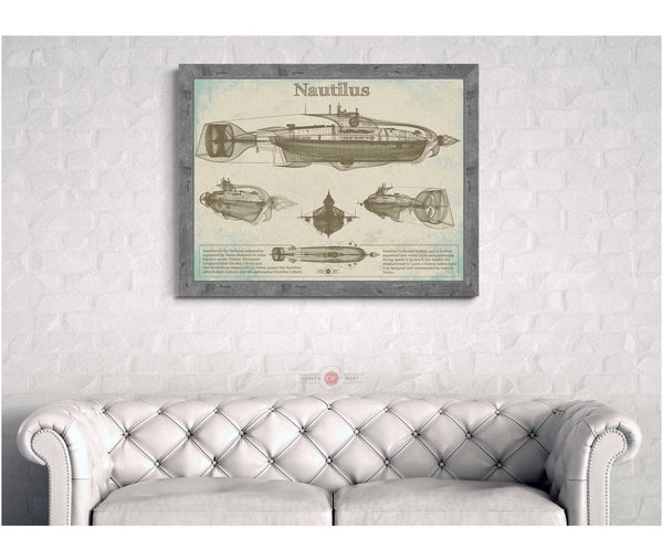 14" x 11" / Greyson Frame Cutler West 20,000 Leagues Under the Sea Nautilus Submarine Jules Vernon Blueprint