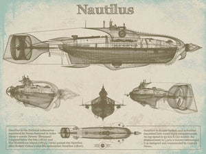 14" x 11" / Unframed Cutler West 20,000 Leagues Under the Sea Nautilus Submarine Jules Vernon Blueprint