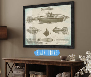20" x 16" / Black Frame Cutler West 20,000 Leagues Under the Sea Nautilus Submarine Jules Vernon Blueprint