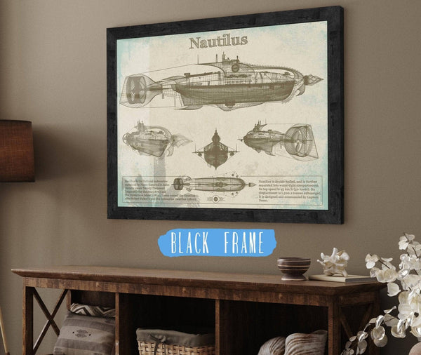 20" x 16" / Black Frame Cutler West 20,000 Leagues Under the Sea Nautilus Submarine Jules Vernon Blueprint