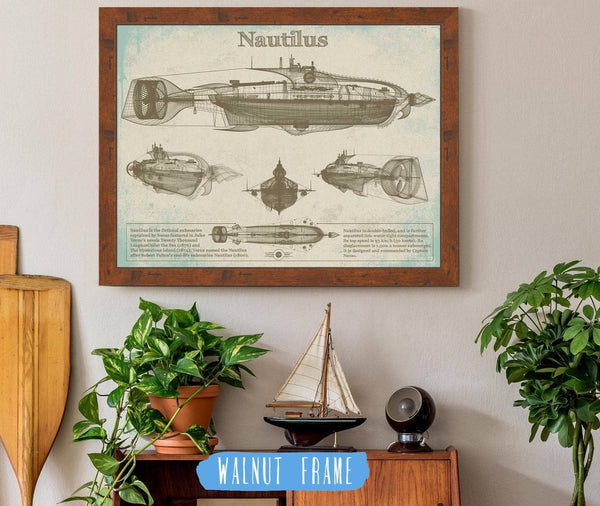 20" x 16" / Walnut Frame Cutler West 20,000 Leagues Under the Sea Nautilus Submarine Jules Vernon Blueprint