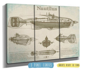 36" x 24" / 3 Panel Canvas Wrap Cutler West 20,000 Leagues Under the Sea Nautilus Submarine Jules Vernon Blueprint