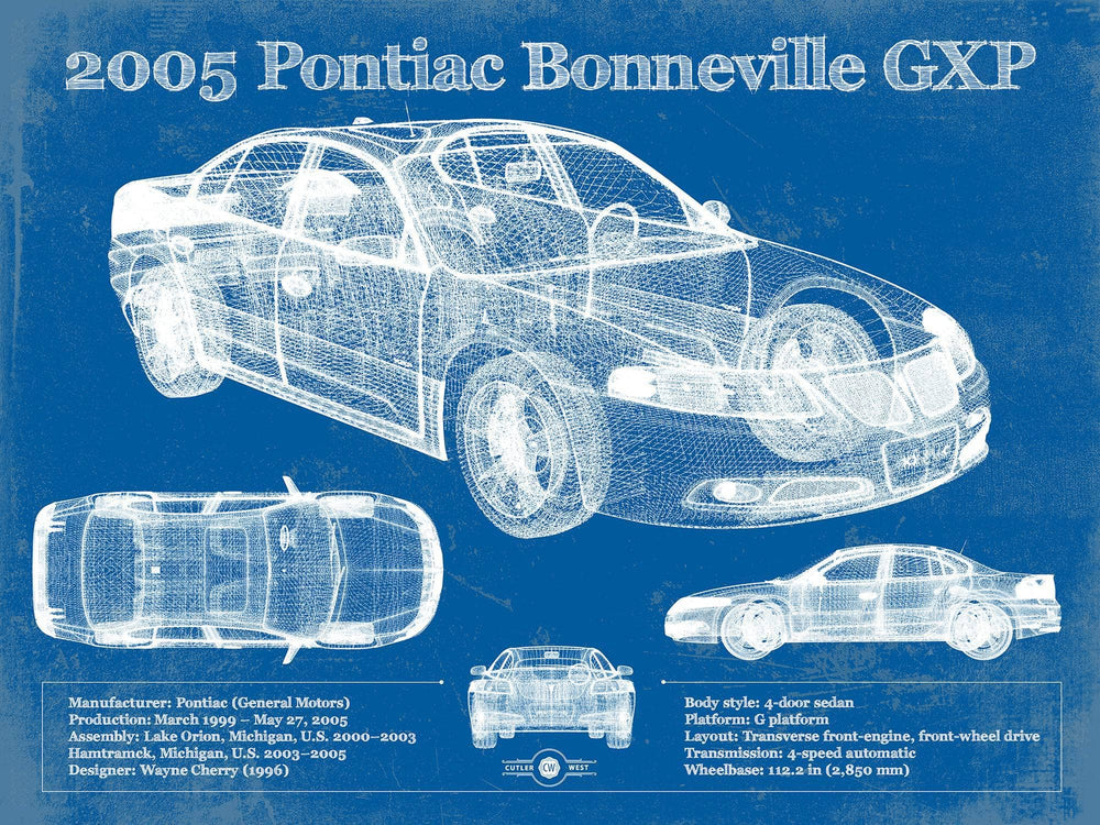 14" x 11" / Stretched Canvas Wrap Cutler West 2000 - 2005 Pontiac Bonneville GXP Blueprint Vintage Auto Print