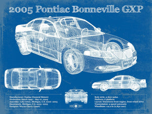 14" x 11" / Unframed Cutler West 2000 - 2005 Pontiac Bonneville GXP Blueprint Vintage Auto Print
