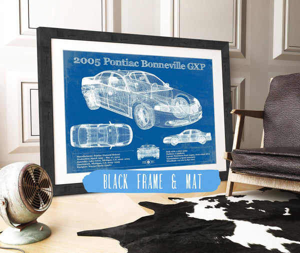 20" x 16" / Black Frame & Mat Cutler West 2000 - 2005 Pontiac Bonneville GXP Blueprint Vintage Auto Print