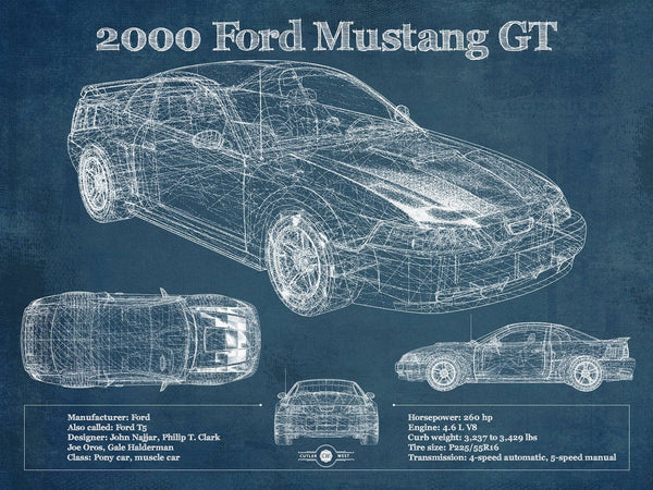14" x 11" / Unframed Cutler West 2000 Ford Mustang GT Original Blueprint Art