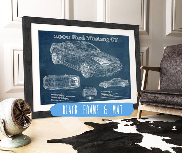 20" x 16" / Black Frame & Mat Cutler West 2000 Ford Mustang GT Original Blueprint Art