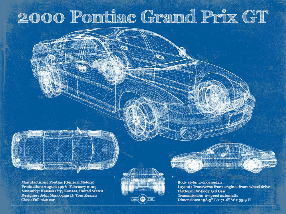 14" x 11" / Stretched Canvas Wrap Cutler West 2000 Pontiac Grand Prix GT Vintage Blueprint Auto Print