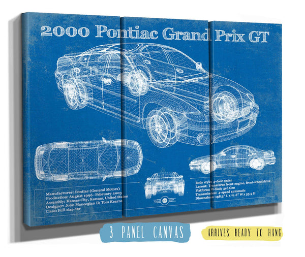 36" x 24" / 3 Panel Canvas Wrap Cutler West 2000 Pontiac Grand Prix GT Vintage Blueprint Auto Print