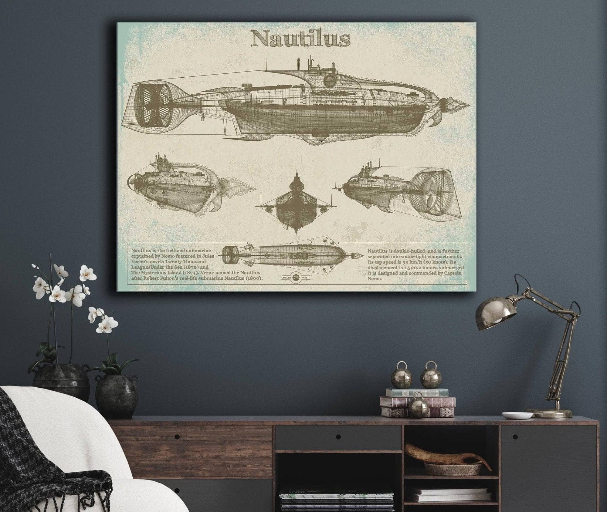 Cutler West Best Selling Collection 20,000 Leagues Under the Sea Nautilus Submarine Jules Vernon Blueprint