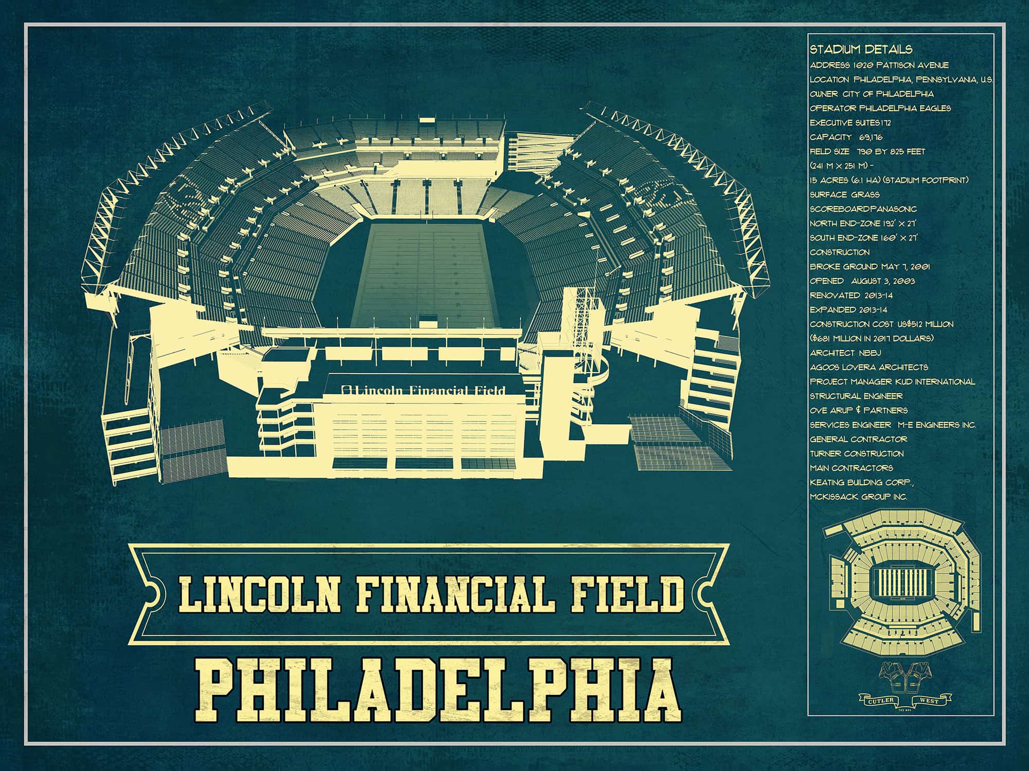 Cutler West Philadelphia Eagles Lincoln Financial Field - Vintage Football Print