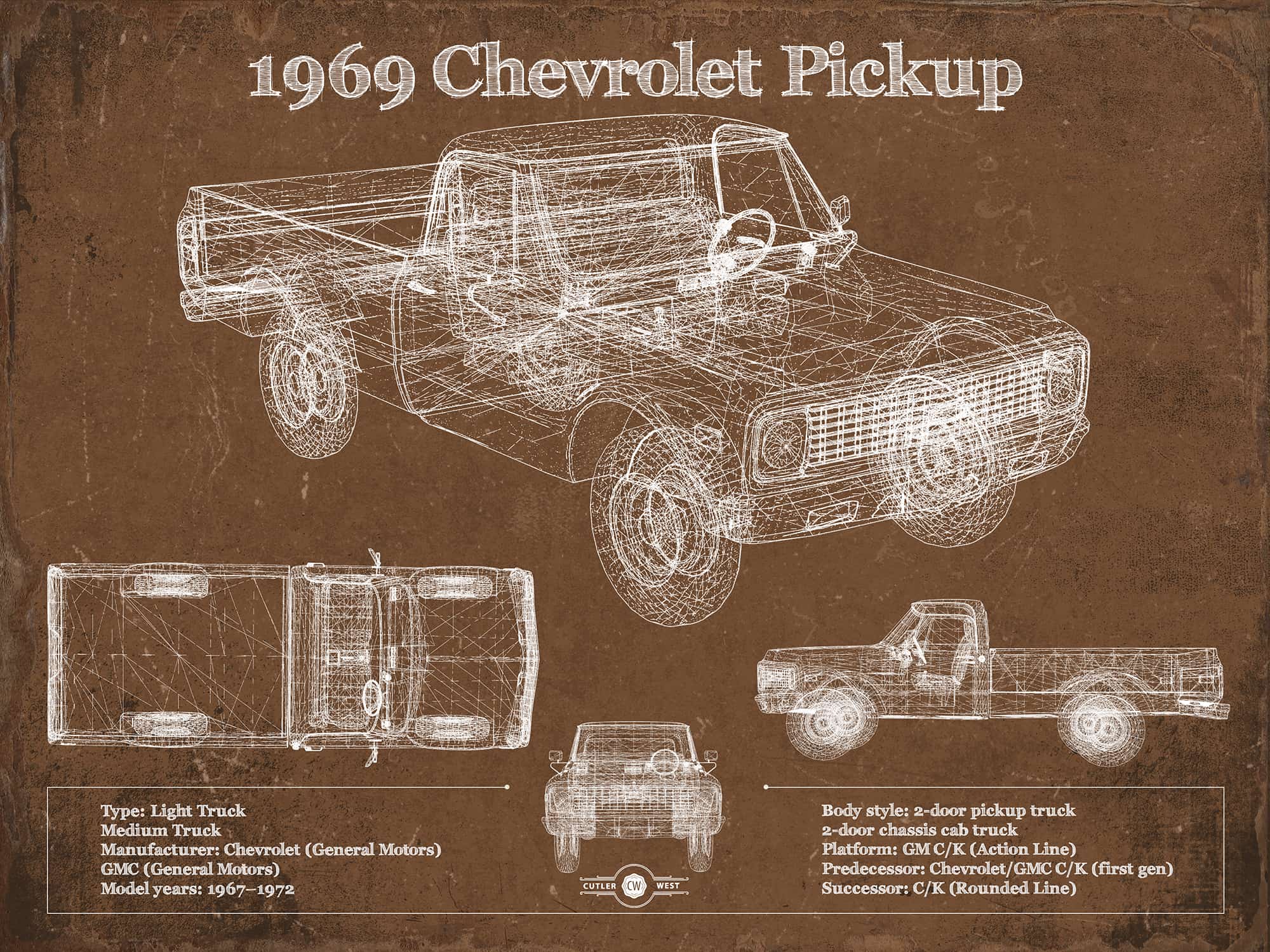 Cutler West 1969 Chevy Shortbox Pickup Vintage Blueprint Auto Print