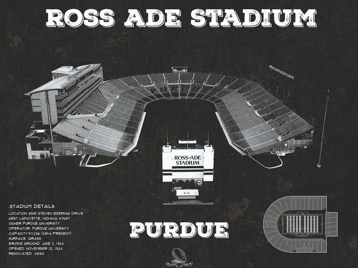 Cutler West Purdue Boilermakers - Ross-Ade Vintage Football Stadium Blueprint Art Print