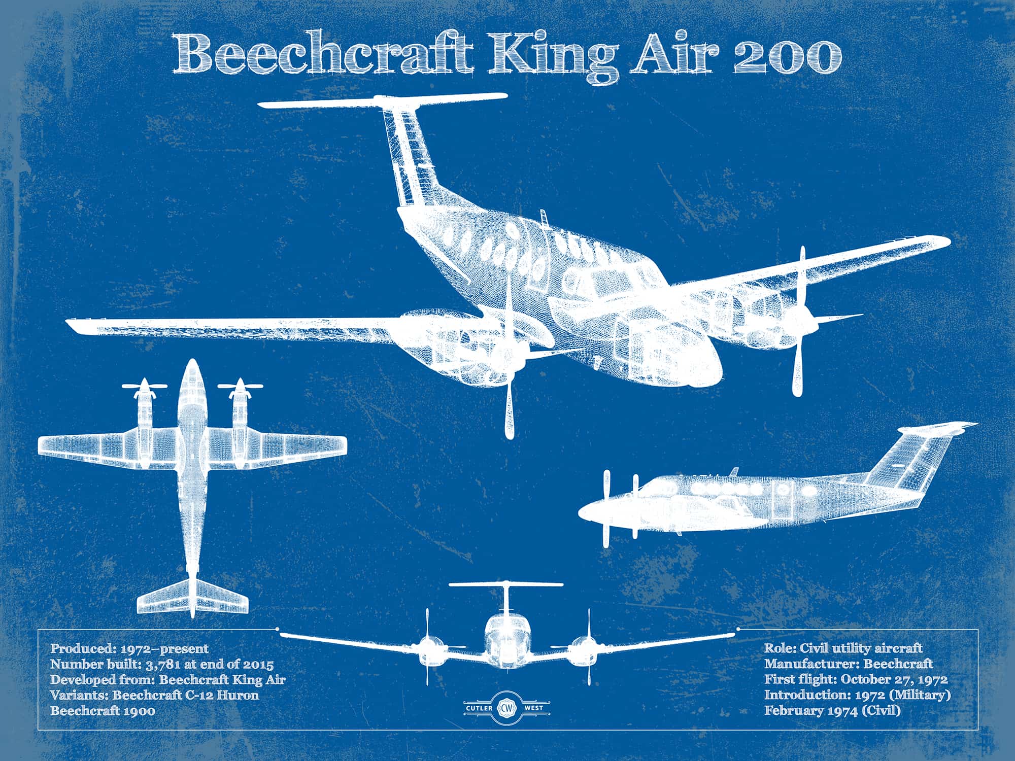 Cutler West Beechcraft Super King Air Model 200 and 300 Series Vintage Blueprint Airplane Print