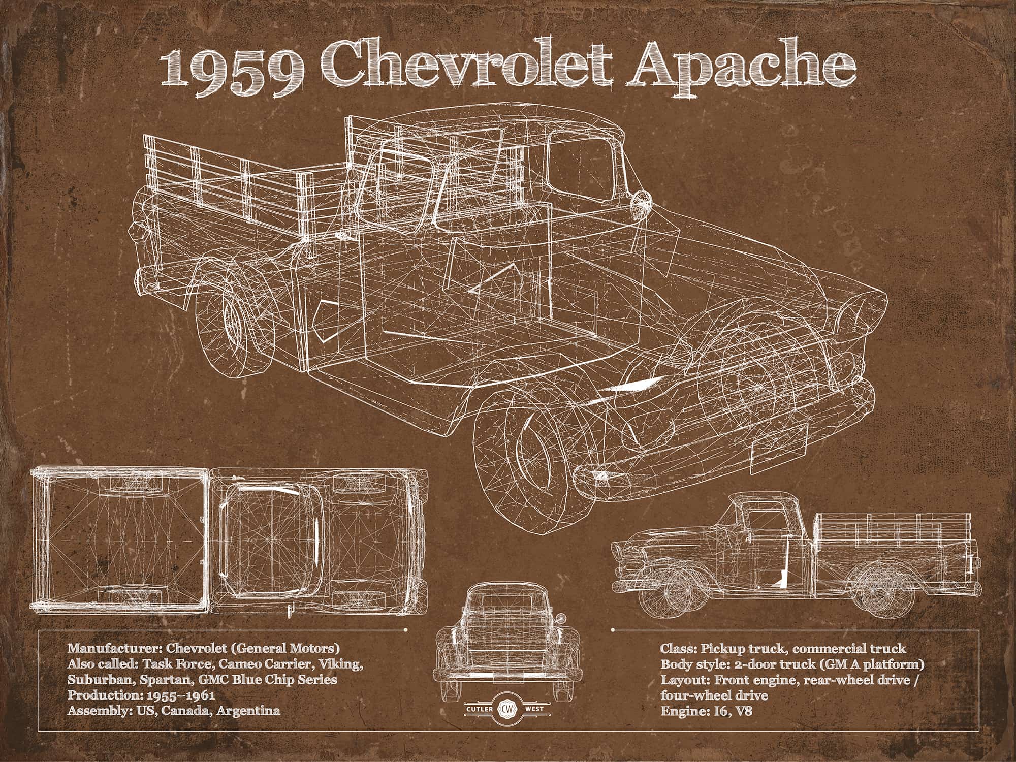 Cutler West 1959 Chevrolet Apache Fleetside Vintage Blueprint Auto Print