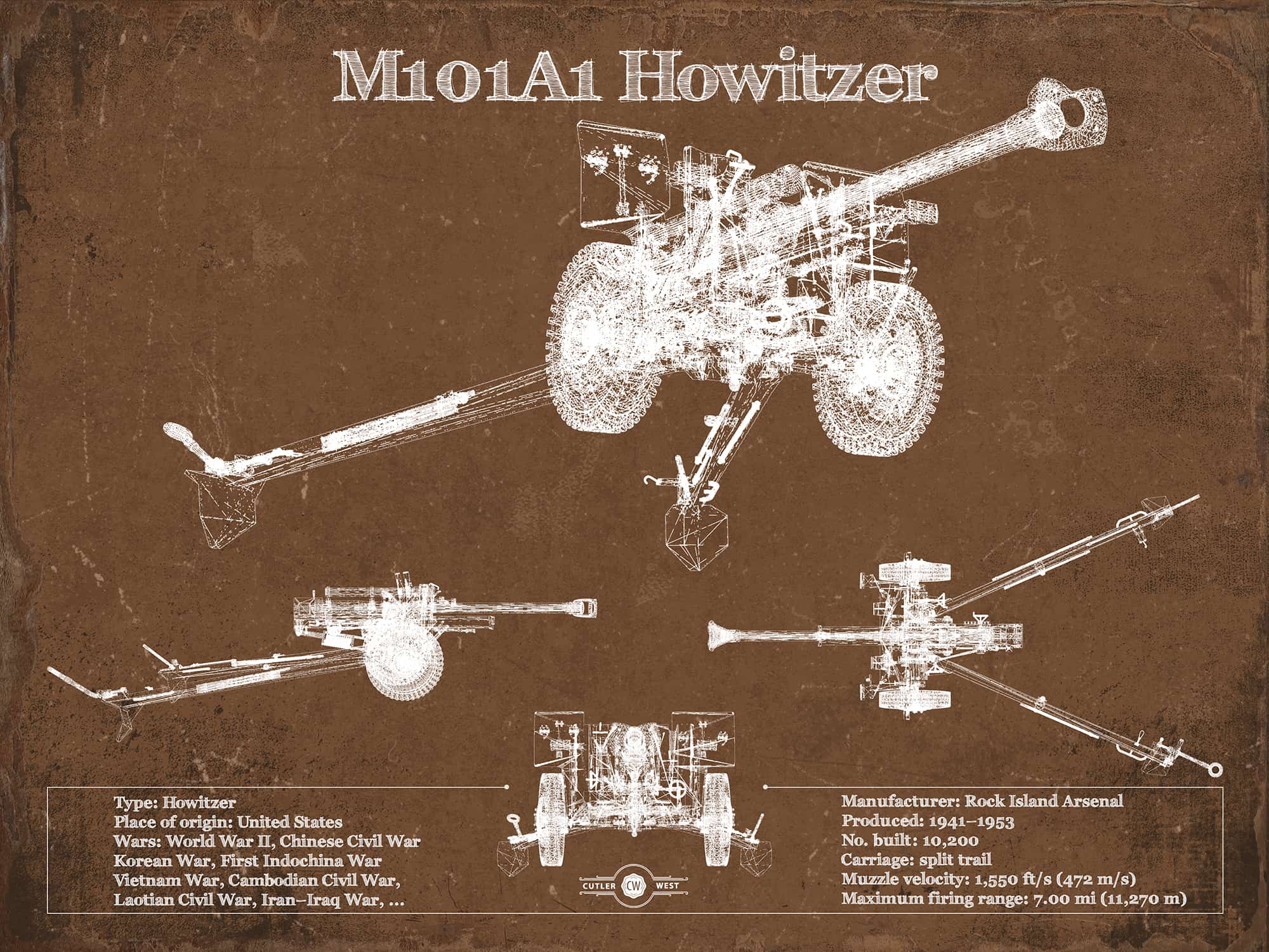 Cutler West M101A1 Howitzer Blueprint Vintage Military Print