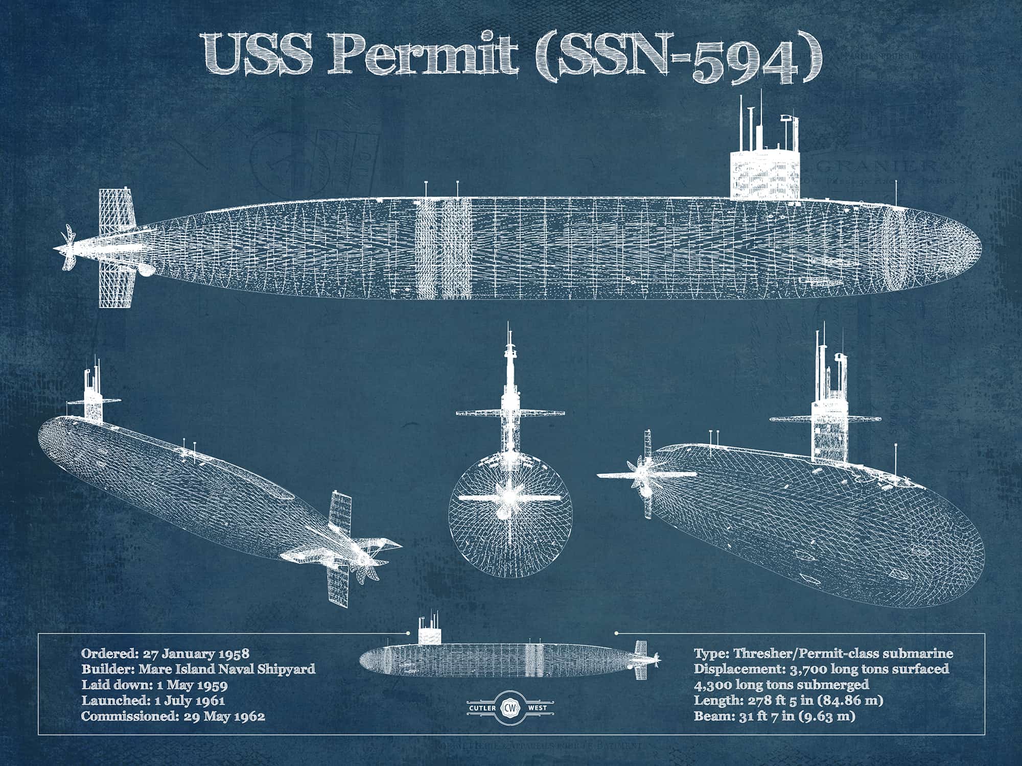 Cutler West USS Permit (SSN-594) Blueprint Original Military Wall Art - Customizable