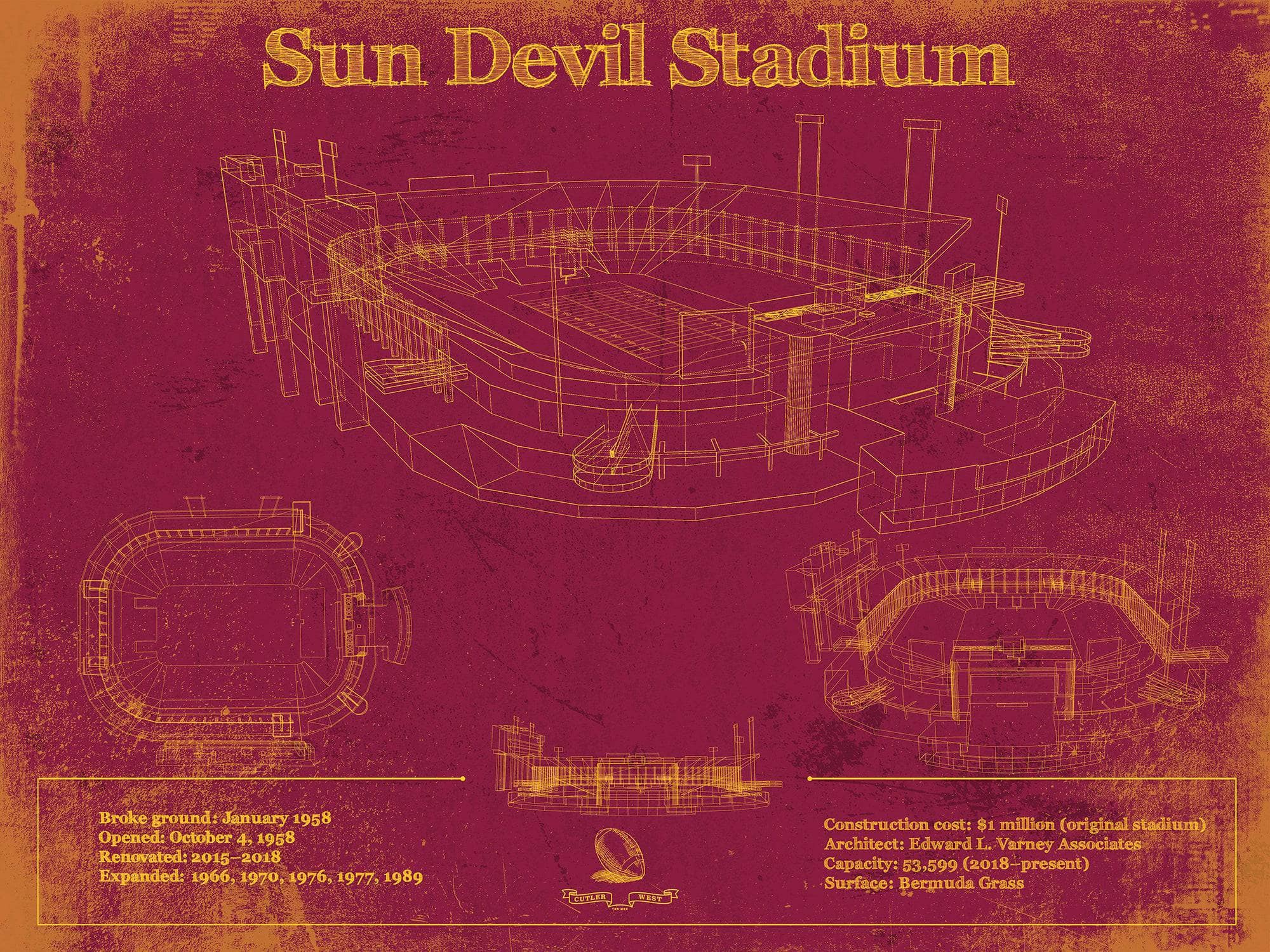 Cutler West College Football Collection Sun Devil Stadium Wall Art - Vintage Arizona State Sun Devils Art