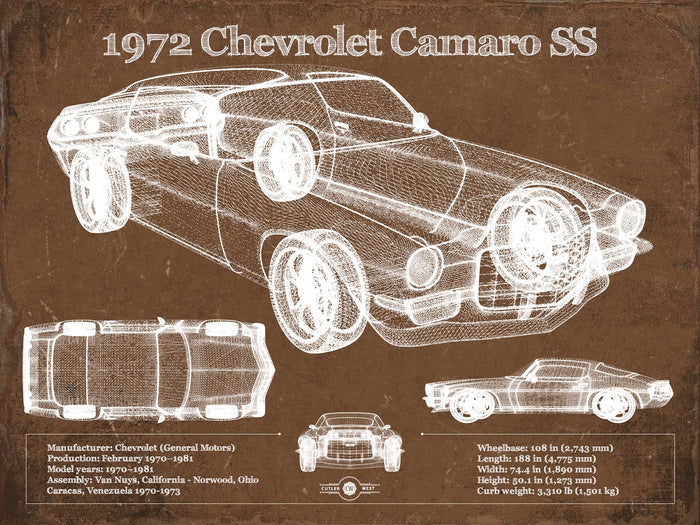 Cutler West 1972 Chevrolet Camaro SS Vintage Blueprint Auto Print